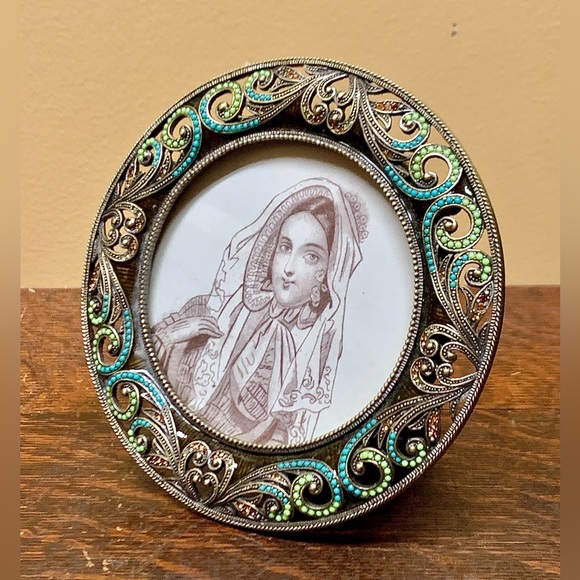 Kingfisher Road Ornate Colored Rhinestone Beaded Patinated Metal Picture Frame - Picture 6 of 16